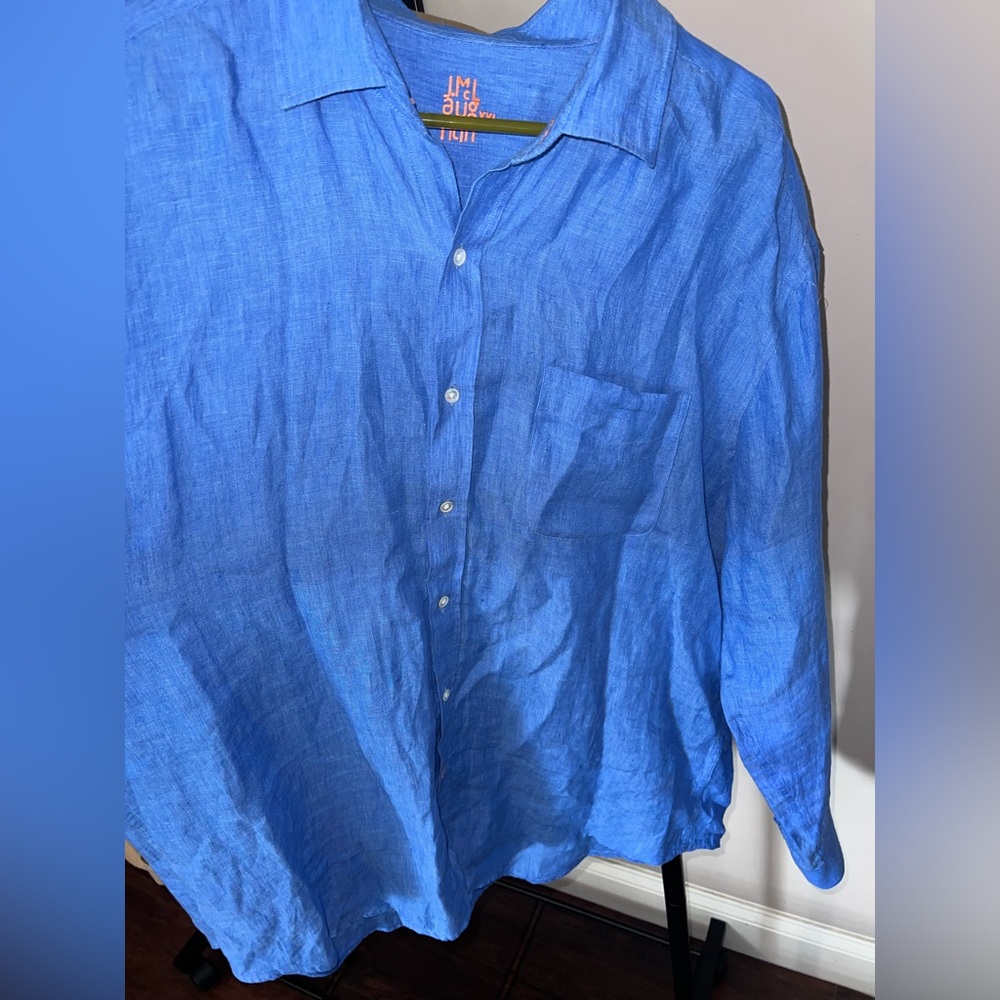 Linen Blend Blue Button-Down Shirt